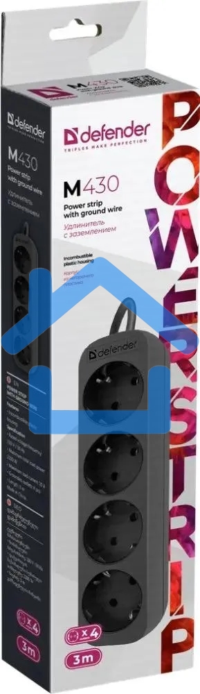 Удлинитель Defender M430 черный, 3 м, EURO, 4 розетки, 2200 Вт