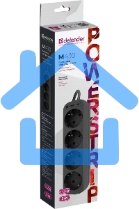 Удлинитель Defender M430 черный, 3 м, EURO, 4 розетки, 2200 Вт