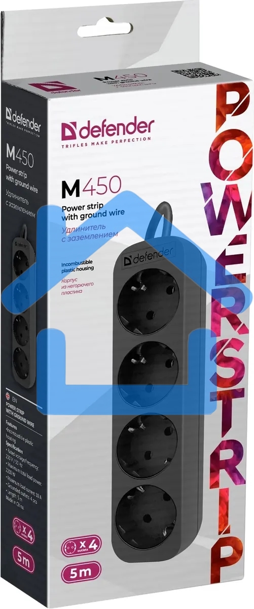 Удлинитель Defender M450 черный, 5 м, EURO, 4 розетки, 2200 Вт