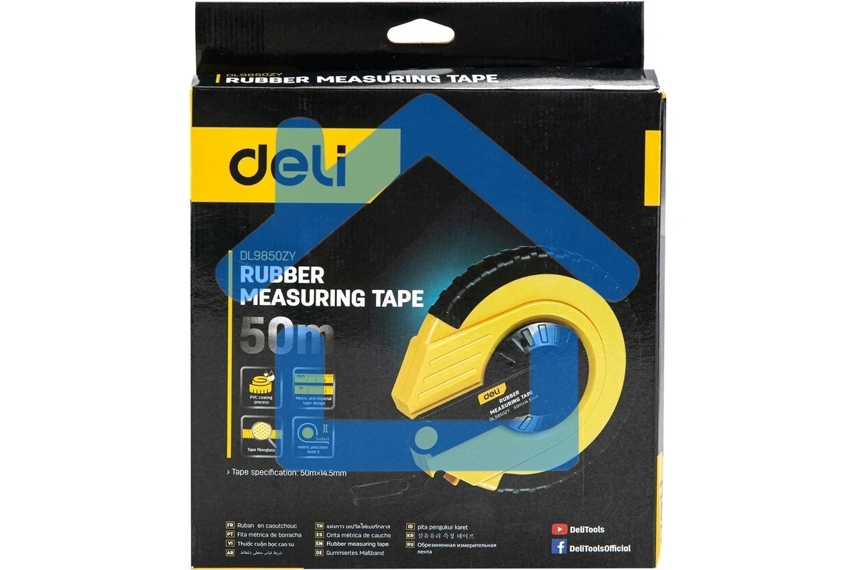 Мерная лента Deli DL9850ZY 50м x 14.5мм Ударопрочный корпус. Основной класс точности. Метрическое полотно из стекловолокна и ПВХ.