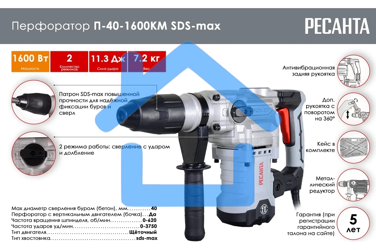 Перфоратор П-40-1600КМ SDS-Max Ресанта