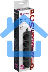 Удлинитель Defender M530 черный, 3 м, EURO, 5 розеток, 2200 Вт