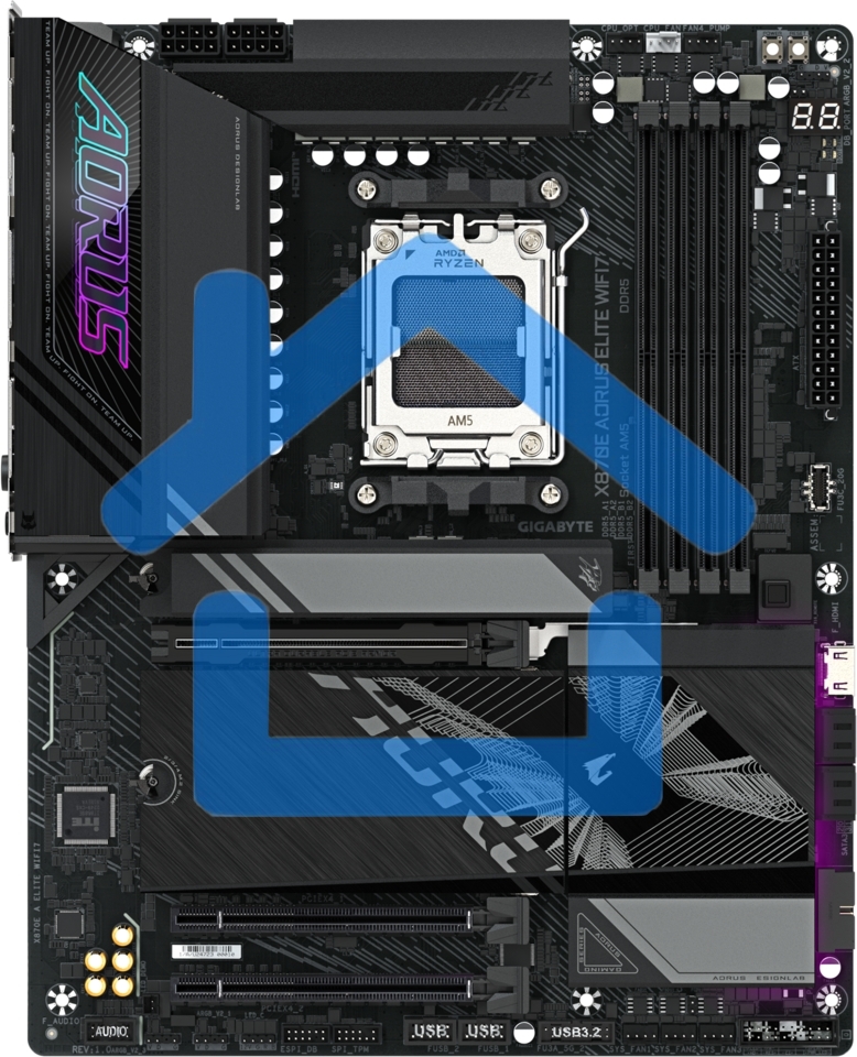 Материнская плата Gigabyte X870E AORUS ELITE WIFI7, AM5, AMD X870E, 4xDDR5, 4xSATA, 4xM.2, 1xPCI-E 5.0 x16, 1xPCI-E 4.0 x4, 1xPCI-E 3.0 x4, 1xHDMI, 1x 2.5Gb LAN, 4xUSB-A 3.2 Gen 1, 2xUSB-A 3.2 Gen 2, 4xUSB-A 2.0, 2xUSB-C 4.0, 2x3.5 мм, 7.1, ATX