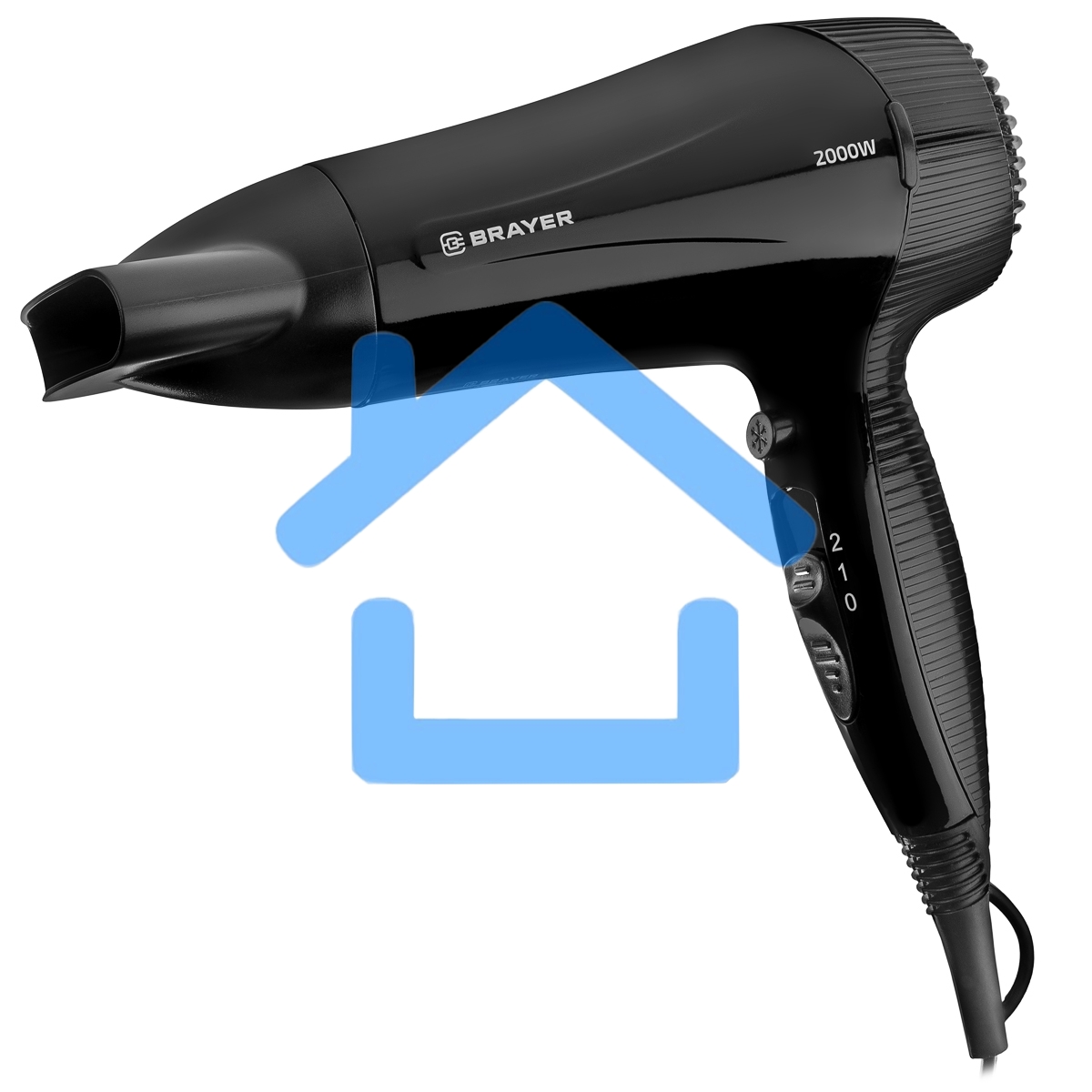 Фен настенный BRAYER BR3021BK, 2000, 2 скор, 2 реж нагрева, концентратор, холод, 1,8 м,