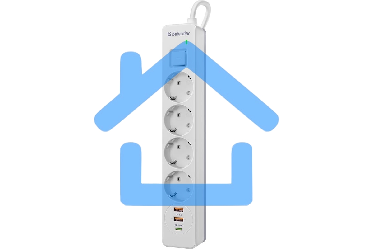Удлинитель с сетевым фильтром Defender DFS 145, белый, 4розетки, USB+TypeC, 5 м.
