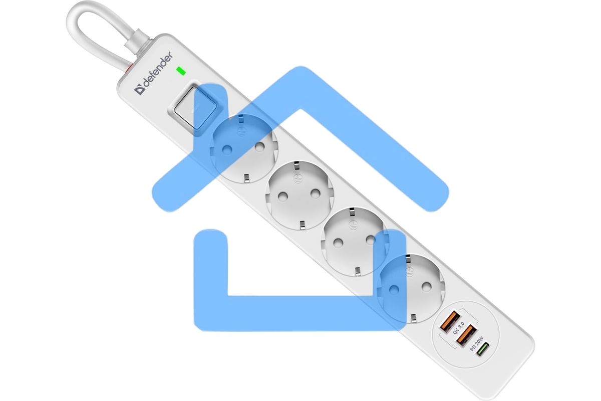 Удлинитель с сетевым фильтром Defender DFS 145, белый, 4розетки, USB+TypeC, 5 м.