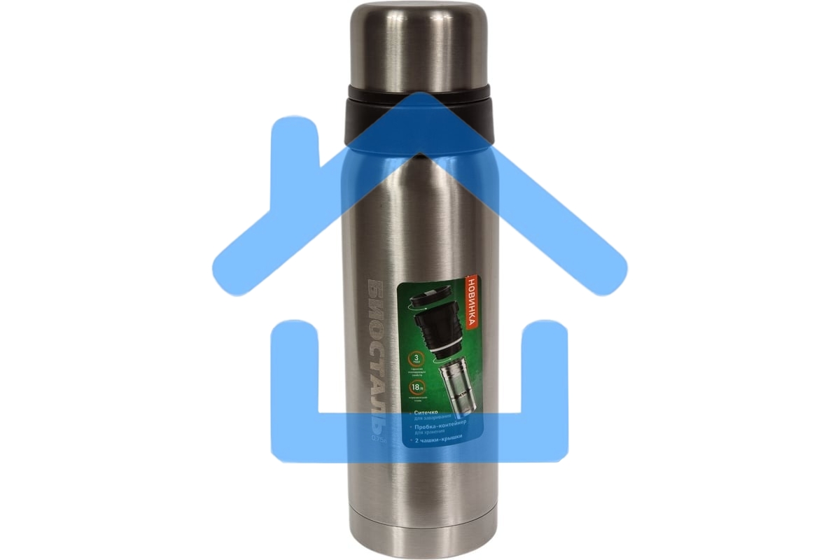 Термос БИОСТАЛЬ NBR-750Z серия Охота с узкой горл., 2 чашки, пробка с ситечком, 0.75 л. Новинка!