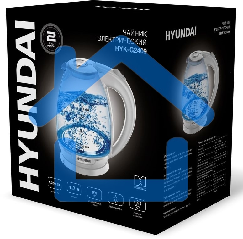 Чайник электрический Hyundai HYK-G2409 1.7л. 2200Вт белый/серебристый (корпус: стекло)