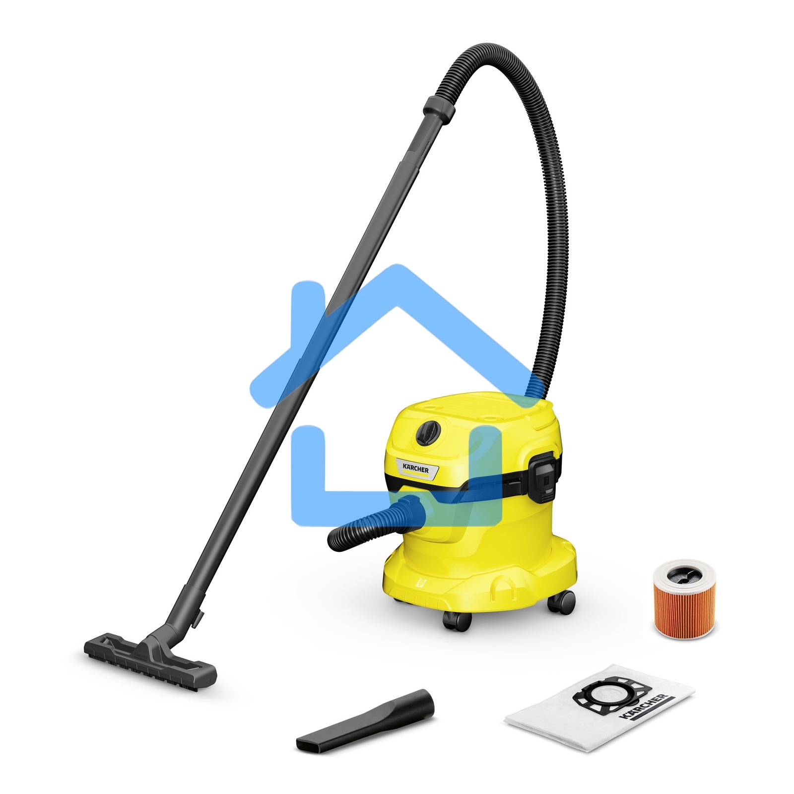 Хозяйственный пылесос Karcher WD 2 Plus V-12/6/18/C желтый, 1000 Вт, уборка сухая/влажная, пылесборник мешок/контейнер, 12 л