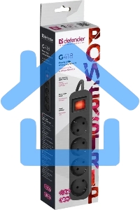 Удлинитель Defender G418 черный, 1.8 м, EURO, 4 розетки, 2200 Вт
