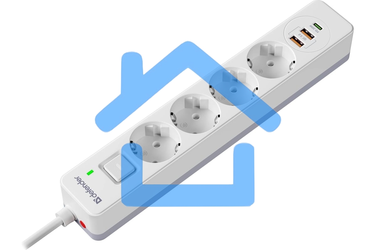 Удлинитель с сетевым фильтром Defender DFS 141, белый, 4розетки, USB+TypeC, 1.5 м.