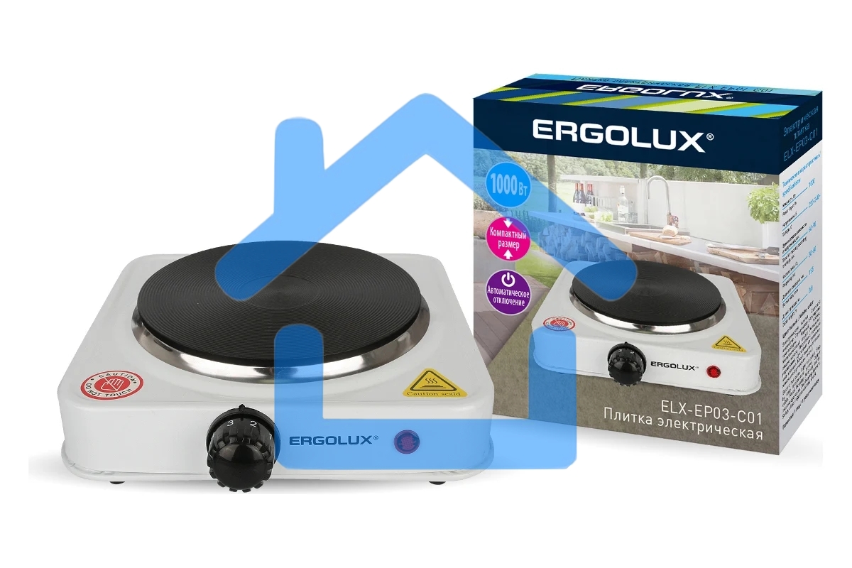 Электрическая плитка Ergolux ELX-EP03-C01 1 конф., дисковый нагр. эл., 1000 Вт 220-240В белый