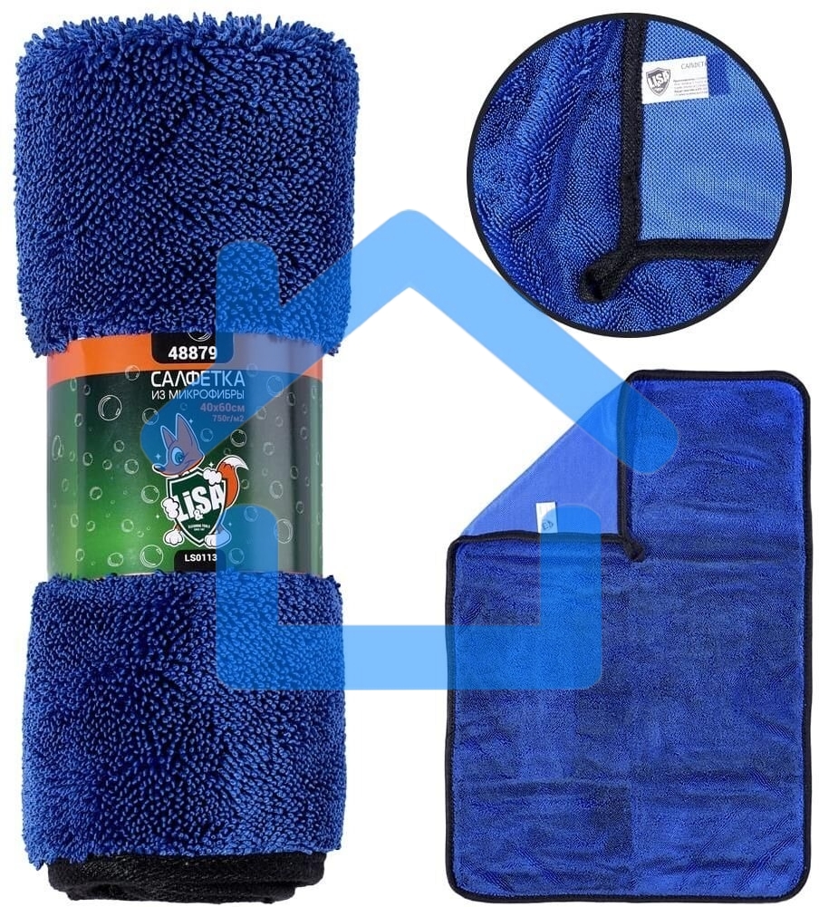 Салфетка LI-SA LS0113 из суперплотной микрофибры для чистки, сушки и полировки кузова 40х60см, высокий ворс, плотность 750г/м2 48879