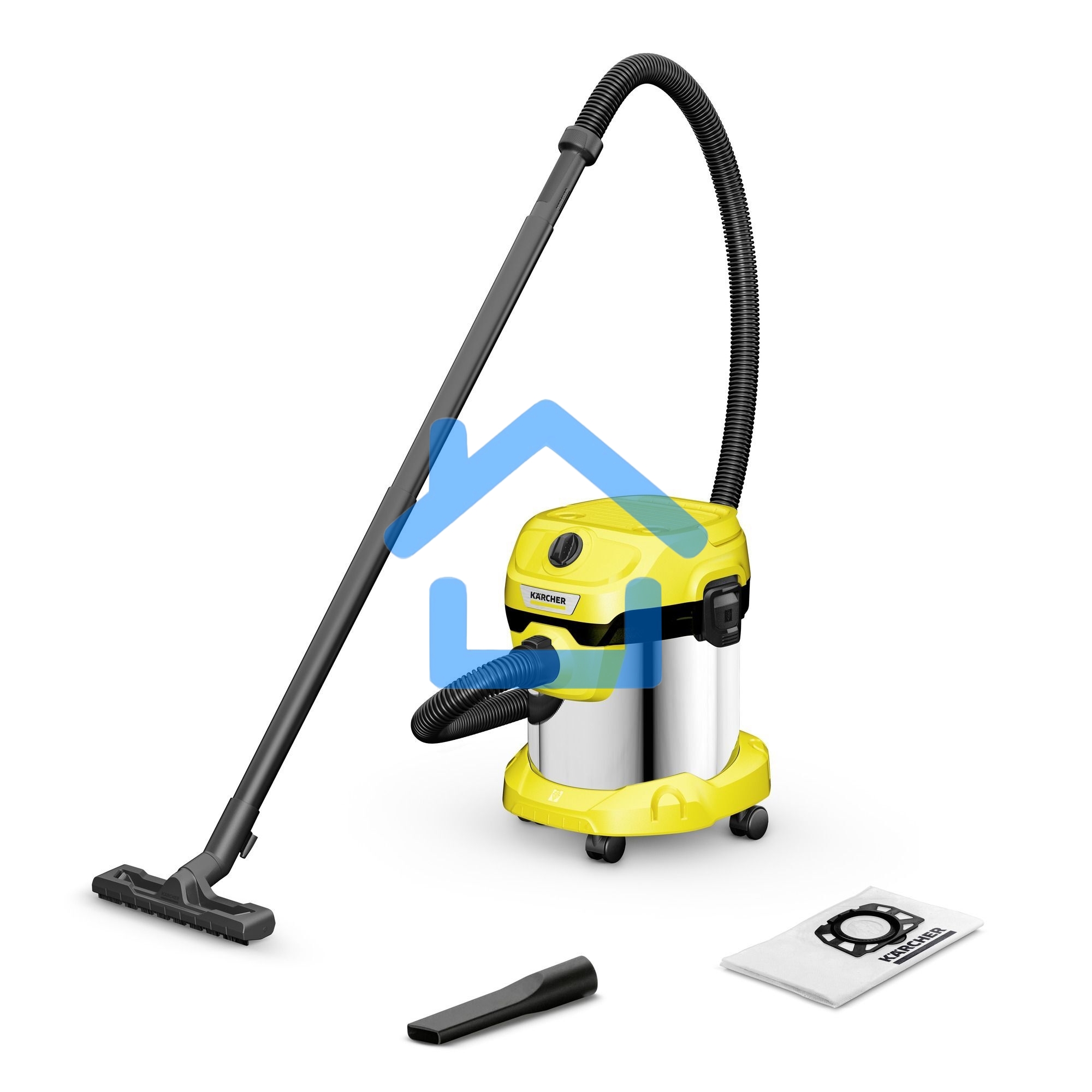Строительный пылесос Karcher WD 2 Plus S V-15/4/18 желтый, 1000 Вт, уборка сухая/сбор воды, пылесборник мешок/контейнер, 15 л