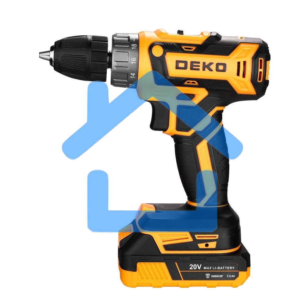 Дрель-шуруповерт Deko GCD20DU PRO, Аккумуляторная, 20В, 2 АКБ, Кейс + набор 63 инструмента для дома
