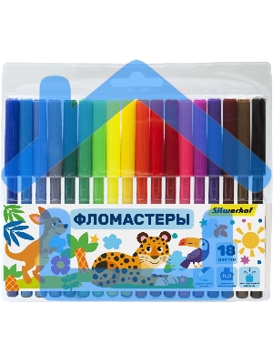 Фломастеры Silwerhof Веселые друзья 7.2мм 125мм, круглый корпус, вентилируемый колпачок, 18 цветов, пакет с европодвесом