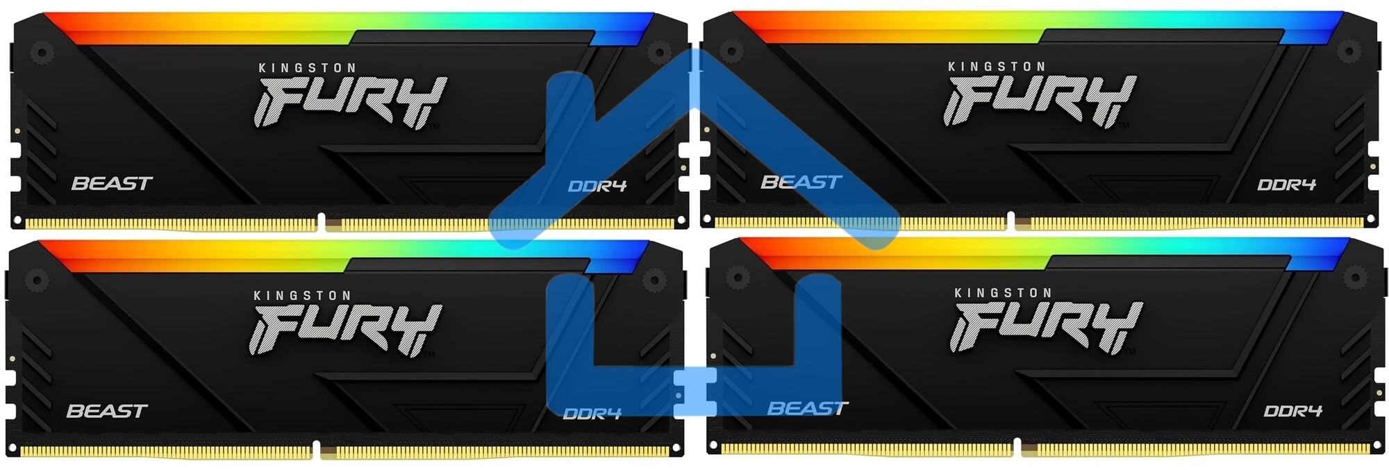 Оперативная память Kingston Fury Beast, DDR4, 64Gb (4x16Gb), 3200MHz, CL16, DIMM, с радиатором, RGB, черный