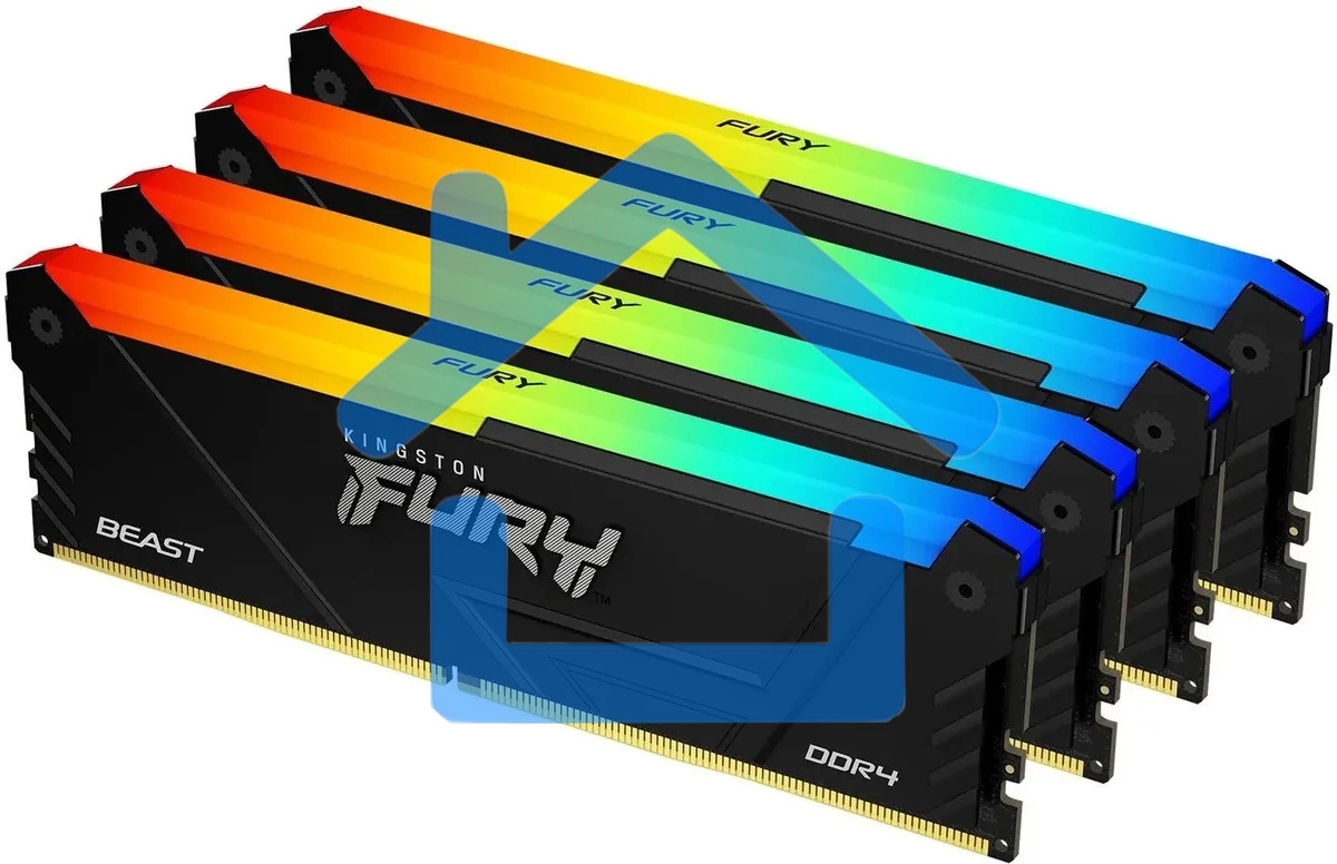 Оперативная память Kingston Fury Beast, DDR4, 64Gb (4x16Gb), 3200MHz, CL16, DIMM, с радиатором, RGB, черный