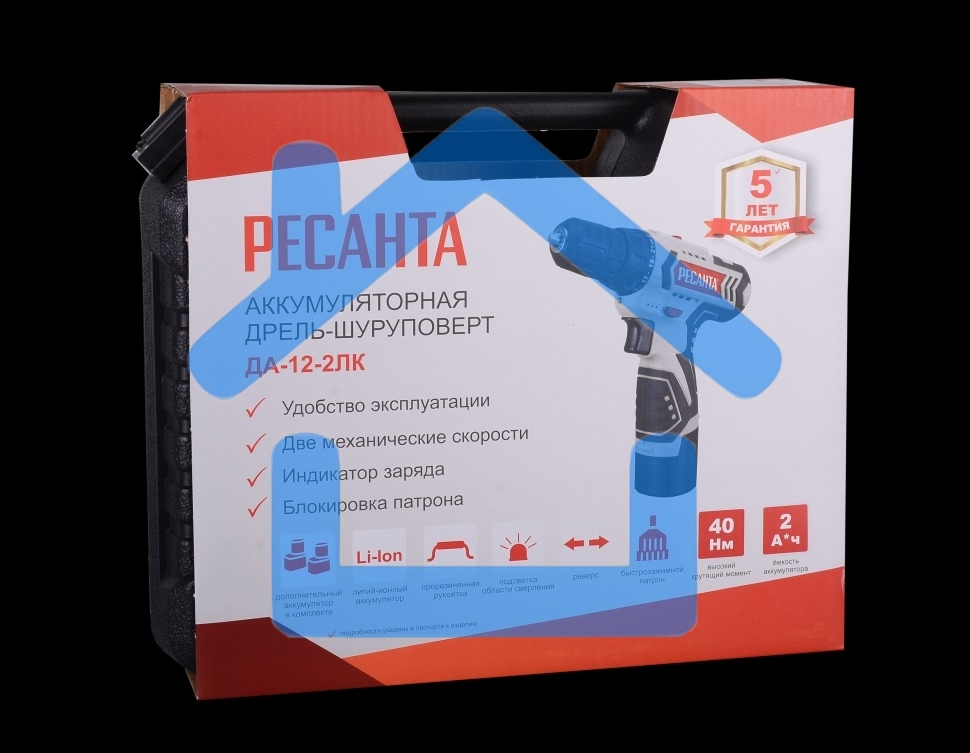 Дрель-шуруповерт Ресанта ДА-12-2ЛК 75/14/2, Аккумуляторная, 12В, 2 АКБ, Кейс