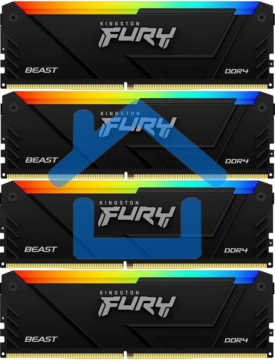 Оперативная память Kingston Fury Beast, DDR4, 64Gb (4x16Gb), 3200MHz, CL16, DIMM, с радиатором, RGB, черный