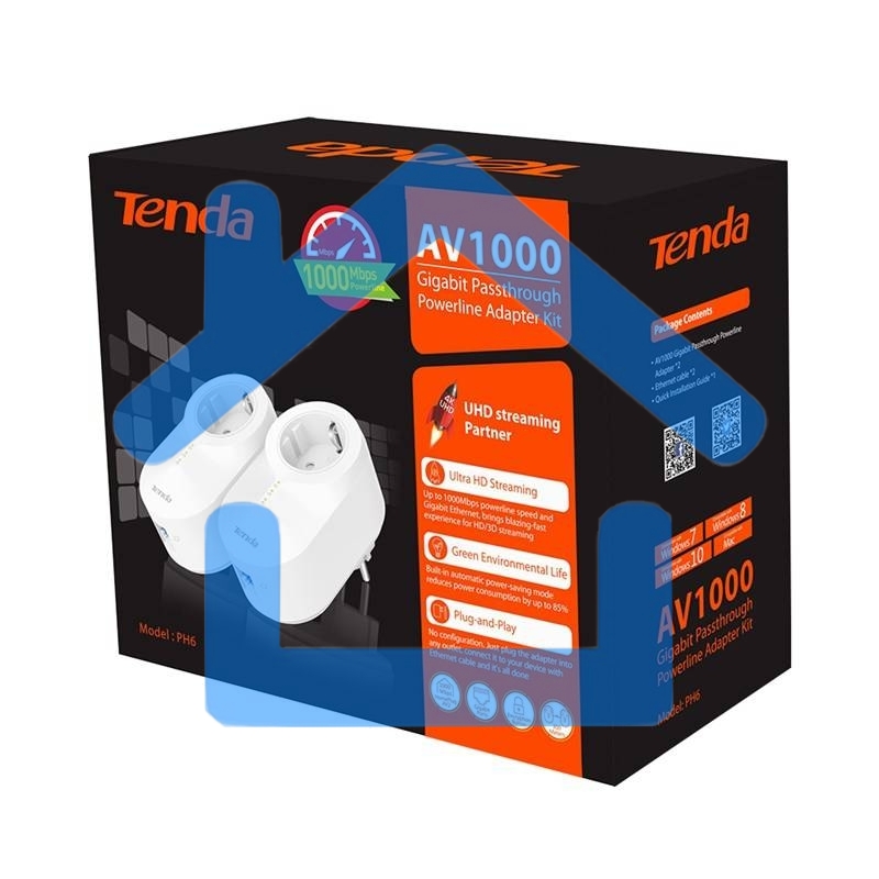 Сетевой адаптер Tenda PH6 набор 2хPowerLine адаптеров AV1000 с проходной Евро розеткой