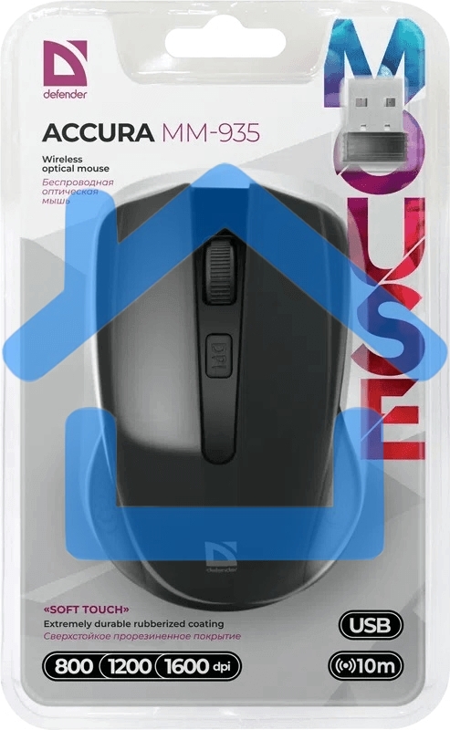 Мышь беспроводная Defender Accura MM-935 черный, 1600 dpi, радиоканал, USB, кнопки - 4