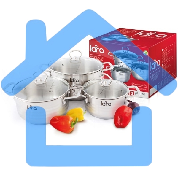 Набор посуды LARA LR02-81 Standart 6пр. LR02-81 Набор посуды LARA Standart (2.3л + 4.5л + 5.7л) капсулированное индукционное дно, крышки