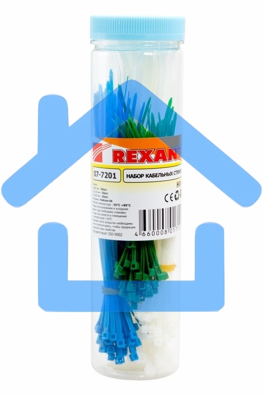Набор хомутов-стяжек нейлоновых Rexant 100, 150, 200 мм, цветные, НХ-1, тубус 200 шт.