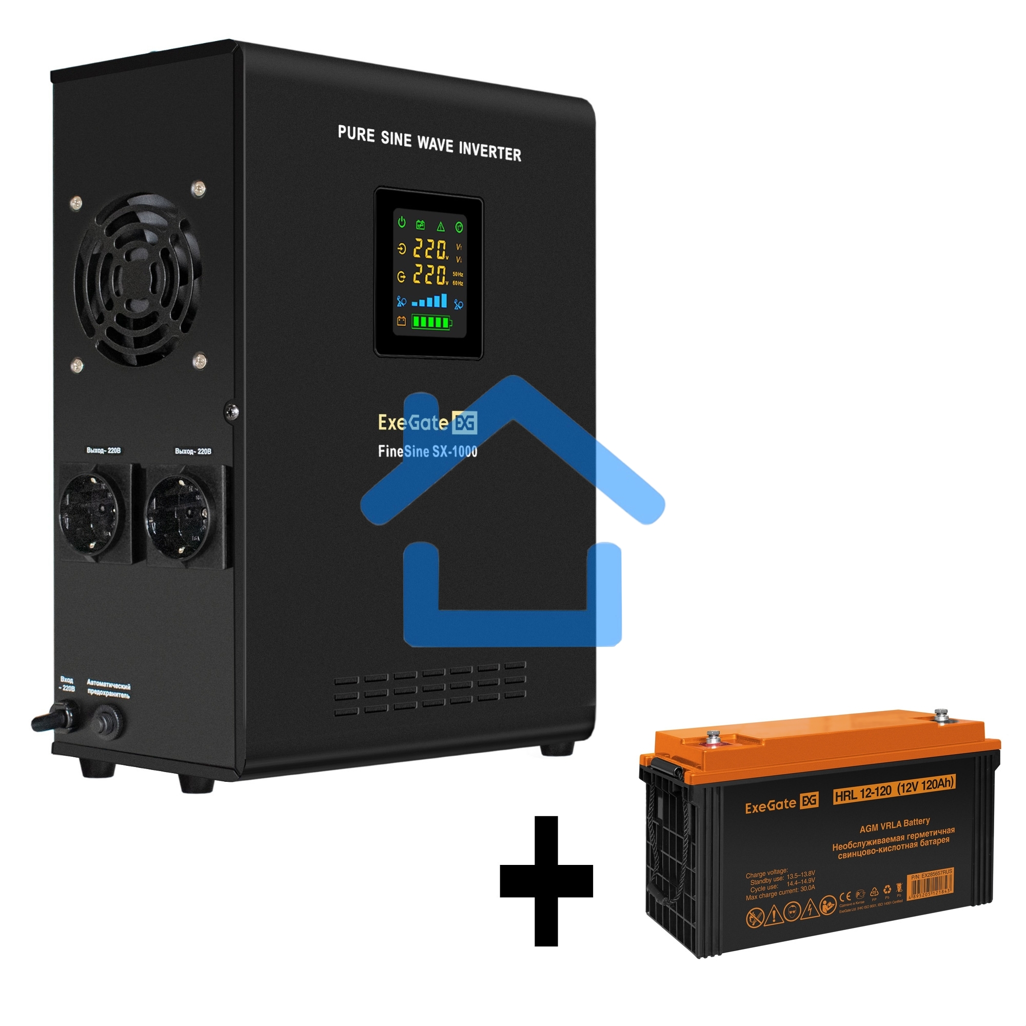 Комплект ИБП EX295997RUS + батарея 120Aч EX285657RUS 1шт ExeGate FineSine SX-1000.LCD.AVR.2SH + батарея ExeGate HRL 12-120 (12В, 120Ач) 1шт