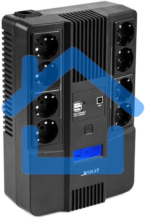 Источник бесперебойного питания Бастион SKAT-UPS 800-AID-IN-1x9-8 ИБП 220В 480Вт, LCD, АКБ 1x 9А·ч, line interactive, мод.синус, 8хSchuko,2xUS (8933)