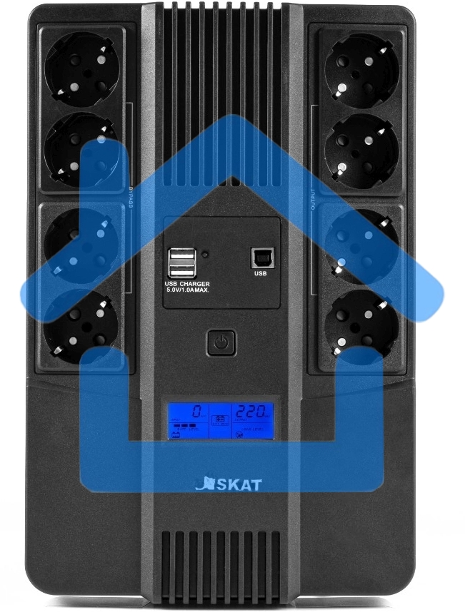 Источник бесперебойного питания Бастион SKAT-UPS 800-AID-IN-1x9-8 ИБП 220В 480Вт, LCD, АКБ 1x 9А·ч, line interactive, мод.синус, 8хSchuko,2xUS (8933)