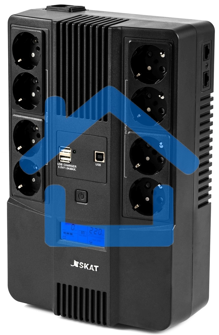 Источник бесперебойного питания Бастион SKAT-UPS 800-AID-IN-1x9-8 ИБП 220В 480Вт, LCD, АКБ 1x 9А·ч, line interactive, мод.синус, 8хSchuko,2xUS (8933)