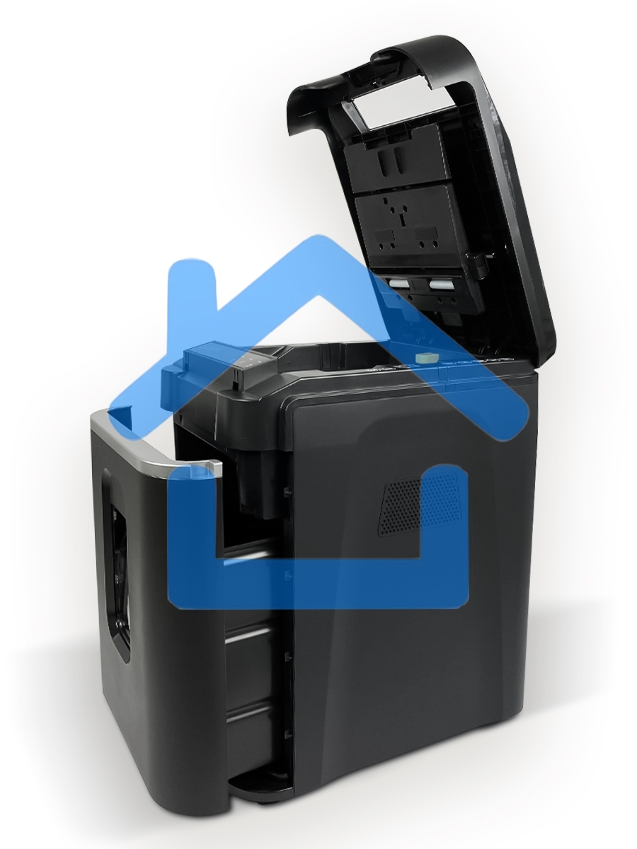 Шредер Heleos АП37-4 черный/серебристый с автоподачей (секр.P-4) фрагменты 220лист. 37лтр. скрепки скобы пл.карты