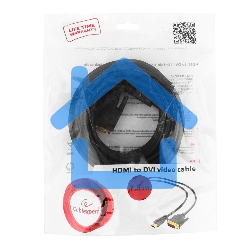 Кабель HDMI-DVI Cablexpert CC-HDMI-DVI-7.5MC, 19M/19M, single link, медь, позол.разъемы, экран, 7.5м, черный, пакет