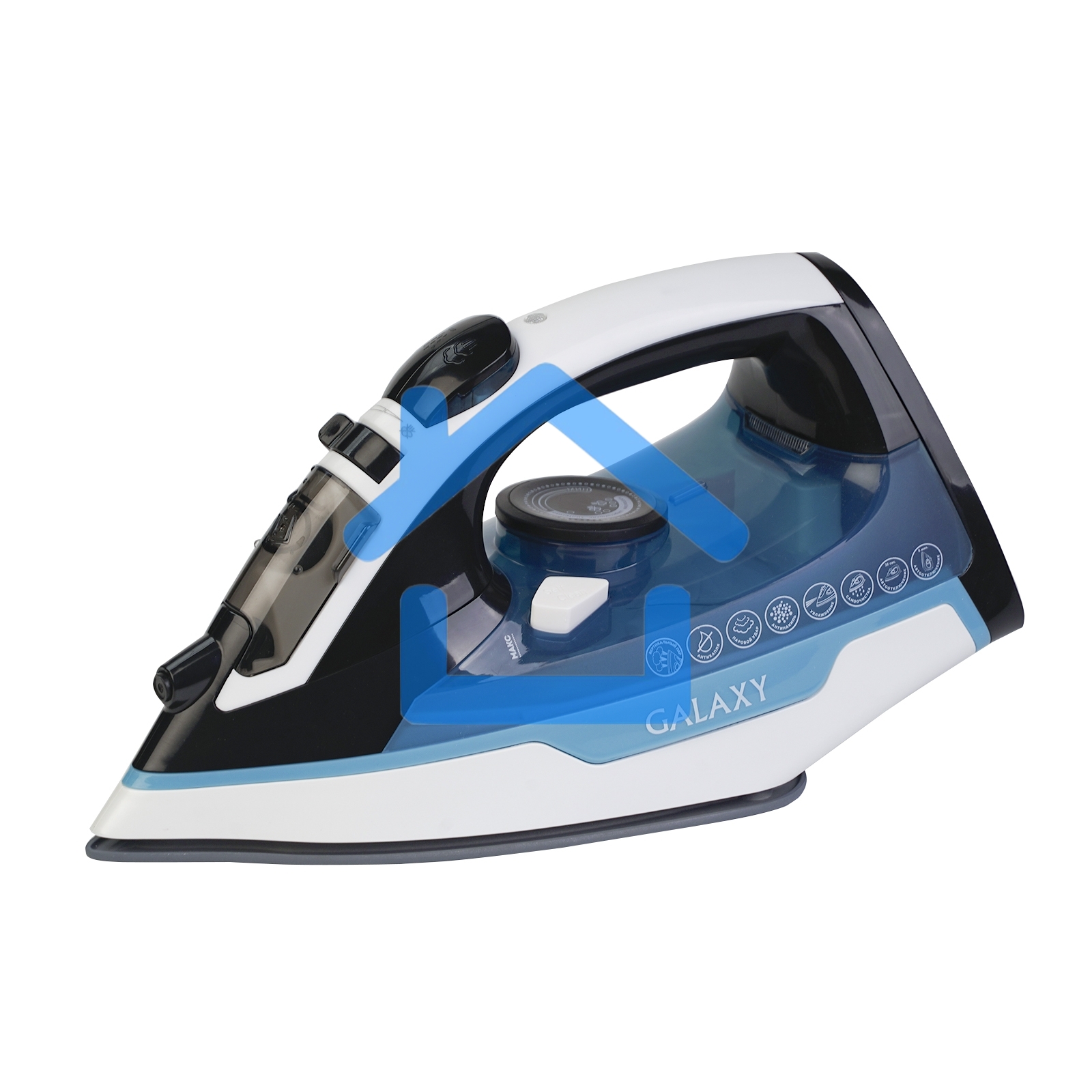 Утюг беспроводной Galaxy GL 6151, белый с голубым, паровой, 2200 Вт, функции: автоотключение, самоочистка, антикапля, антинакипь, функция увлажнения, вертикальное отпаривание, индикатор нагрева, защита от перегрева, резервуар для воды 320 мл, керамическое