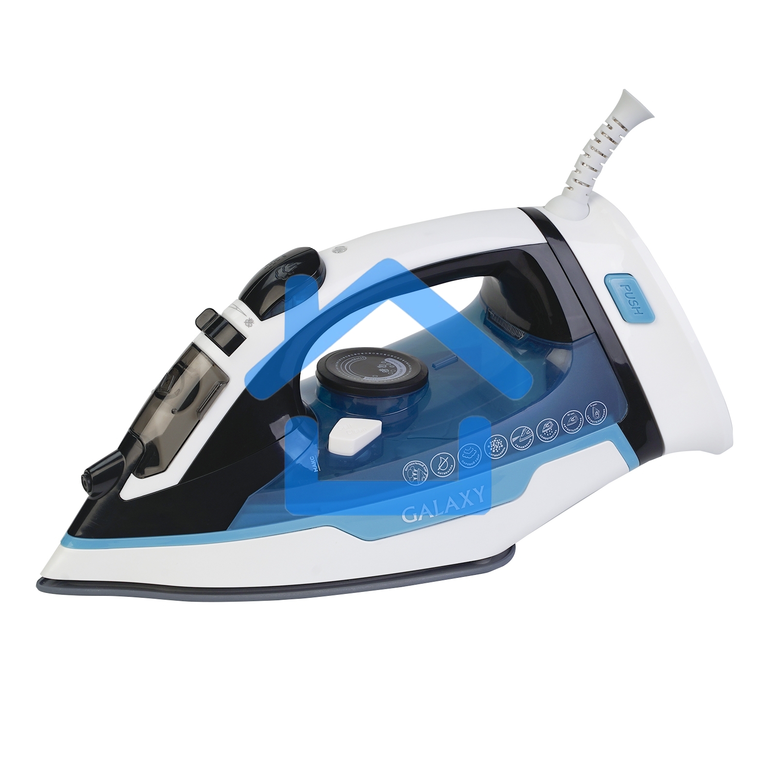 Утюг беспроводной Galaxy GL 6151, белый с голубым, паровой, 2200 Вт, функции: автоотключение, самоочистка, антикапля, антинакипь, функция увлажнения, вертикальное отпаривание, индикатор нагрева, защита от перегрева, резервуар для воды 320 мл, керамическое