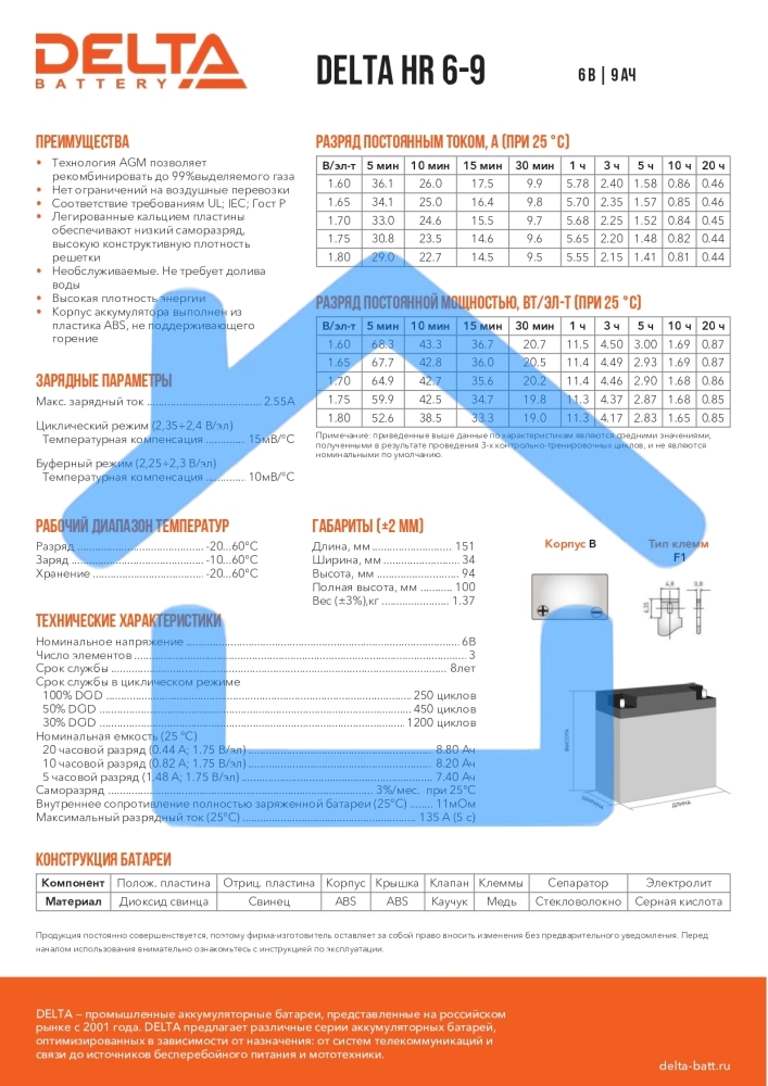 Батарея Delta HR 6-9 (634W) (6V, 9Ah)