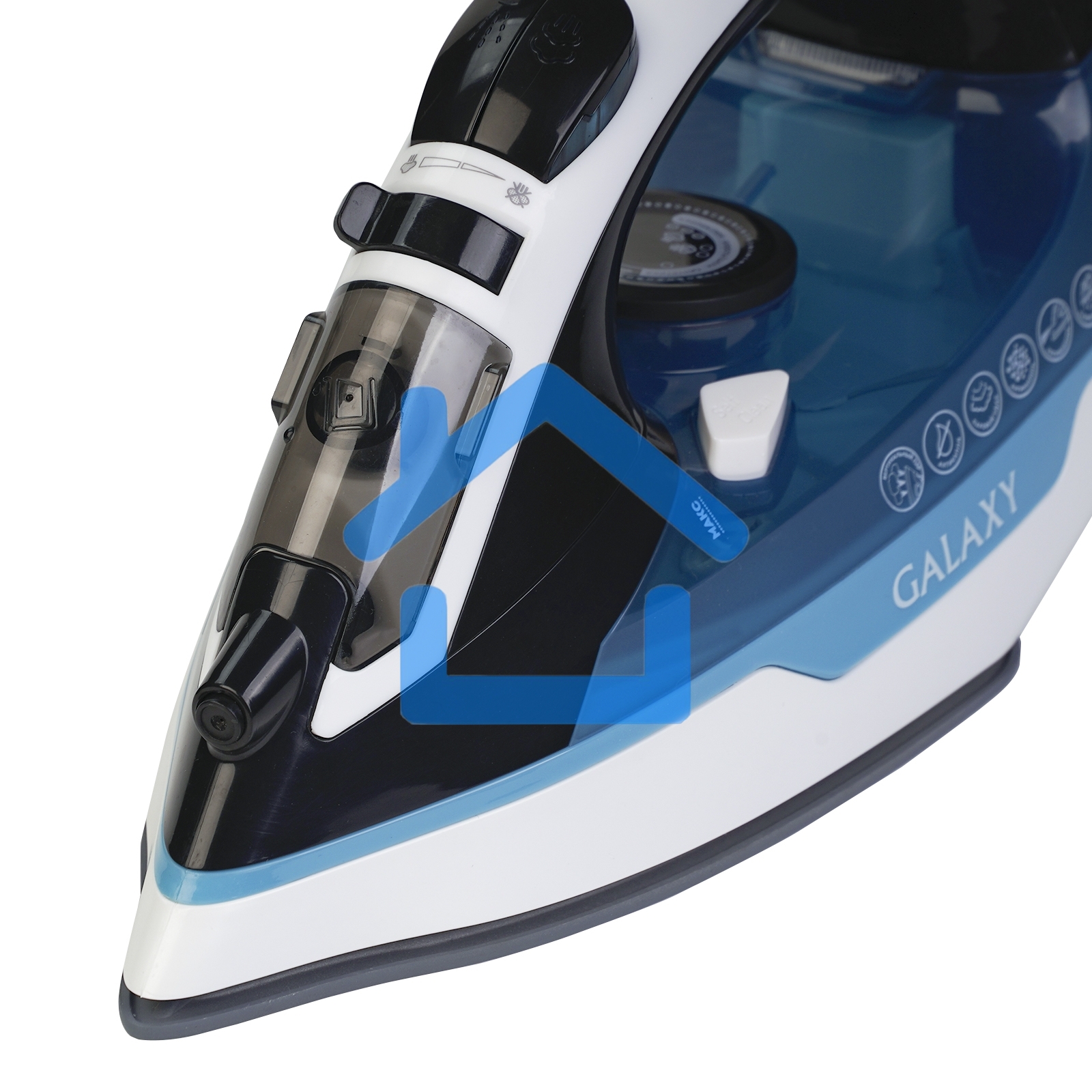 Утюг беспроводной Galaxy GL 6151, белый с голубым, паровой, 2200 Вт, функции: автоотключение, самоочистка, антикапля, антинакипь, функция увлажнения, вертикальное отпаривание, индикатор нагрева, защита от перегрева, резервуар для воды 320 мл, керамическое