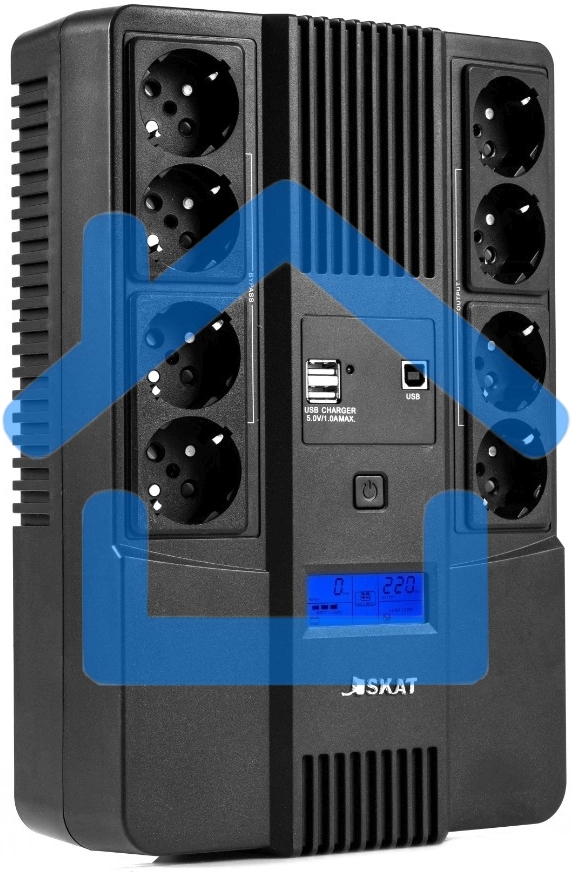 Источник бесперебойного питания Бастион SKAT-UPS 800-AID-IN-1x9-8 ИБП 220В 480Вт, LCD, АКБ 1x 9А·ч, line interactive, мод.синус, 8хSchuko,2xUS (8933)