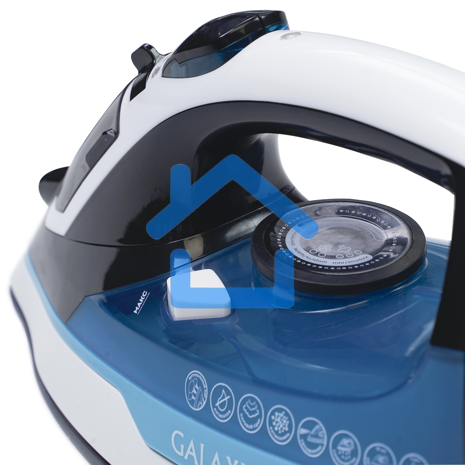 Утюг беспроводной Galaxy GL 6151, белый с голубым, паровой, 2200 Вт, функции: автоотключение, самоочистка, антикапля, антинакипь, функция увлажнения, вертикальное отпаривание, индикатор нагрева, защита от перегрева, резервуар для воды 320 мл, керамическое