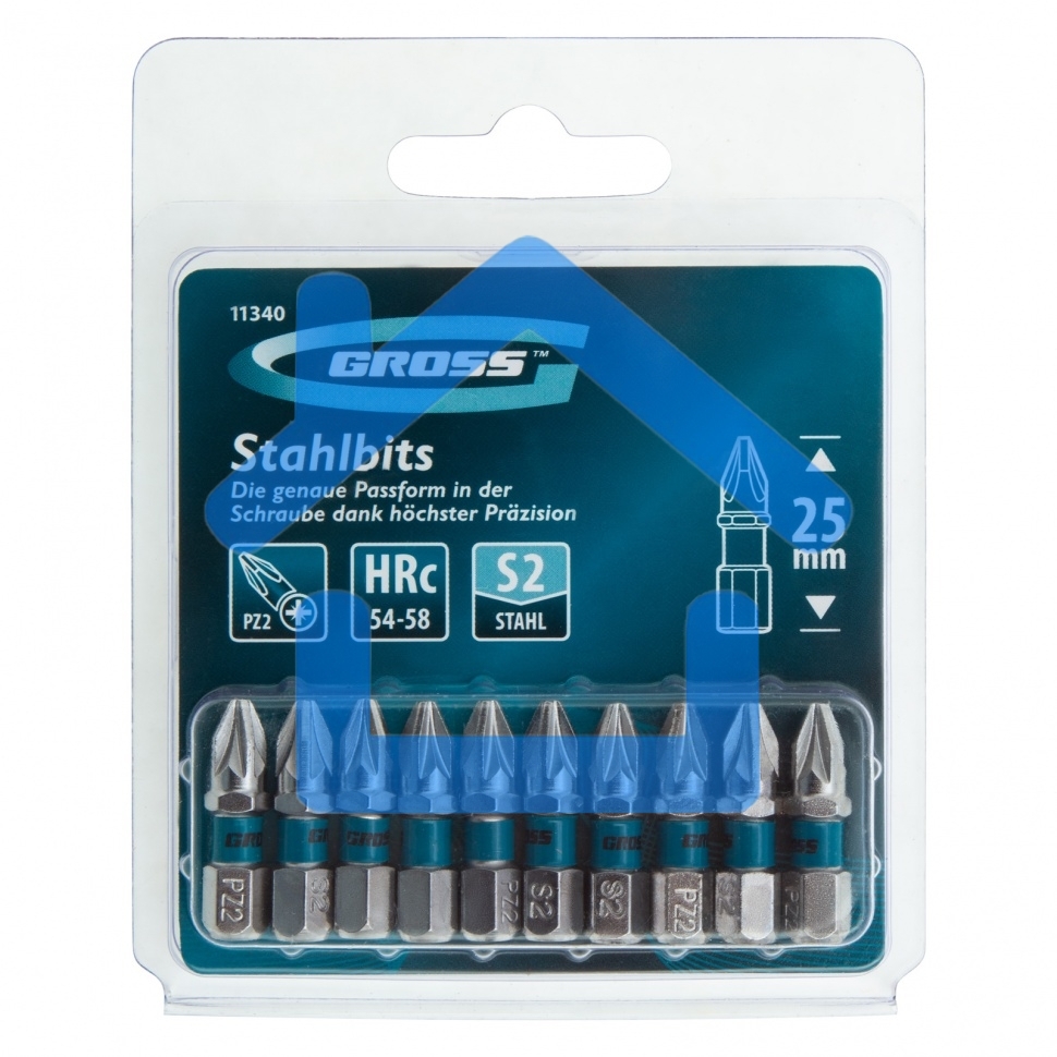 Набор бит GROSS РZ2x25, сталь S2, 10шт 11340
