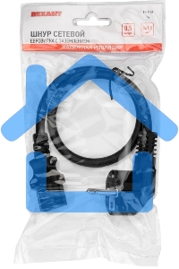 Шнур сетевой, евровилка угловая - евроразъем С13, кабель 3x1,5 мм², длина 0,5 метра, черный (PVC пакет) Rexant