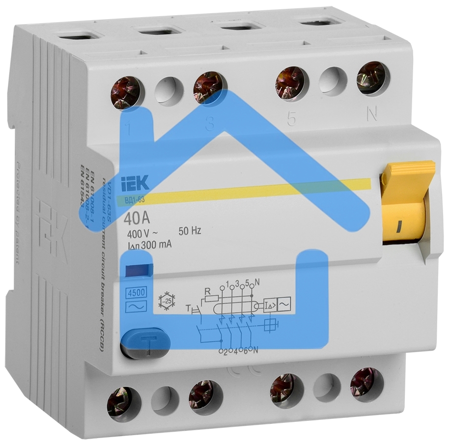 Выключатель дифференциального тока (УЗО) Iek MDV10-4-040-300 УЗО ВД1-63 4Р 40А 300мА ИЭК