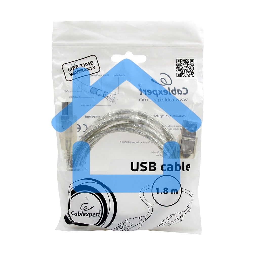 Кабель USB 2.0 Pro Cablexpert CCF-USB2-AMBM-TR-6, AM/BM, 1,8м, экран, феррит.кольца, прозрачный, пакет