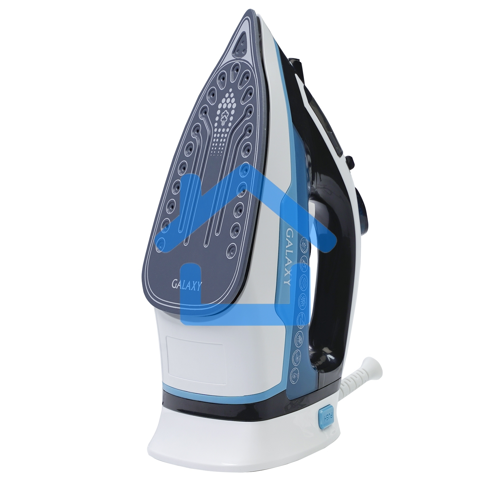 Утюг беспроводной Galaxy GL 6151, белый с голубым, паровой, 2200 Вт, функции: автоотключение, самоочистка, антикапля, антинакипь, функция увлажнения, вертикальное отпаривание, индикатор нагрева, защита от перегрева, резервуар для воды 320 мл, керамическое