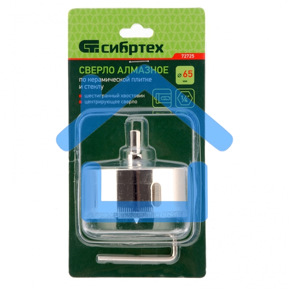 Сверло по керамической плитке и стеклу, 65 х 55 мм, 6 гр.хв-к, с центр. сверлом Сибртех