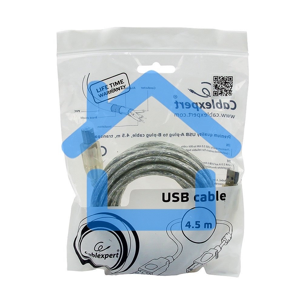 Кабель USB2.0 Cablexpert CCF-USB2-AMBM-TR-15, AM/BM, медь, двойн.экран, фер.кольцо, Pro, 4.5м, прозрач, пакет