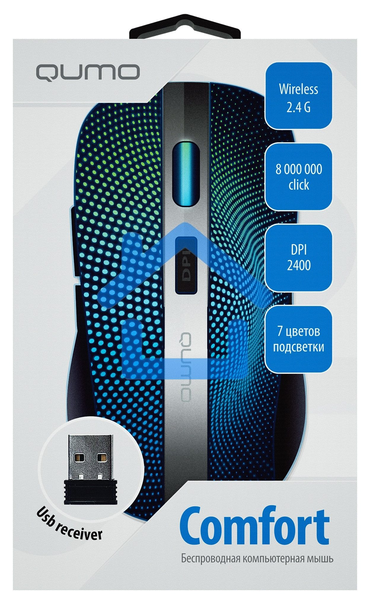 Мышь беспроводная Qumo Comfort M18 черный, 2400 dpi, радиоканал, USB, кнопки - 6