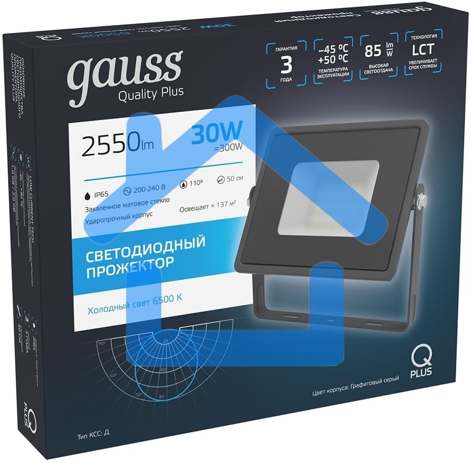 Прожектор светодиодный Qplus 30Вт 6500К 2550лм IP65 графит. сер. 1/10 Gauss 690511330