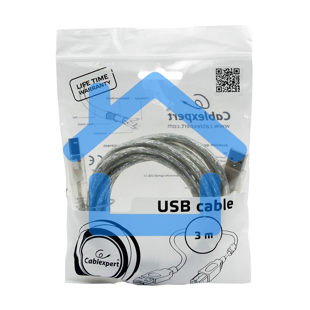 Кабель USB 2.0 Pro Cablexpert CCF-USB2-AMBM-TR-10, AM/BM, 3м, экран, феррит.кольца, прозрачный, пакет